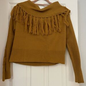 Cozy Fringed Cowl Neck Sweater in Mustard